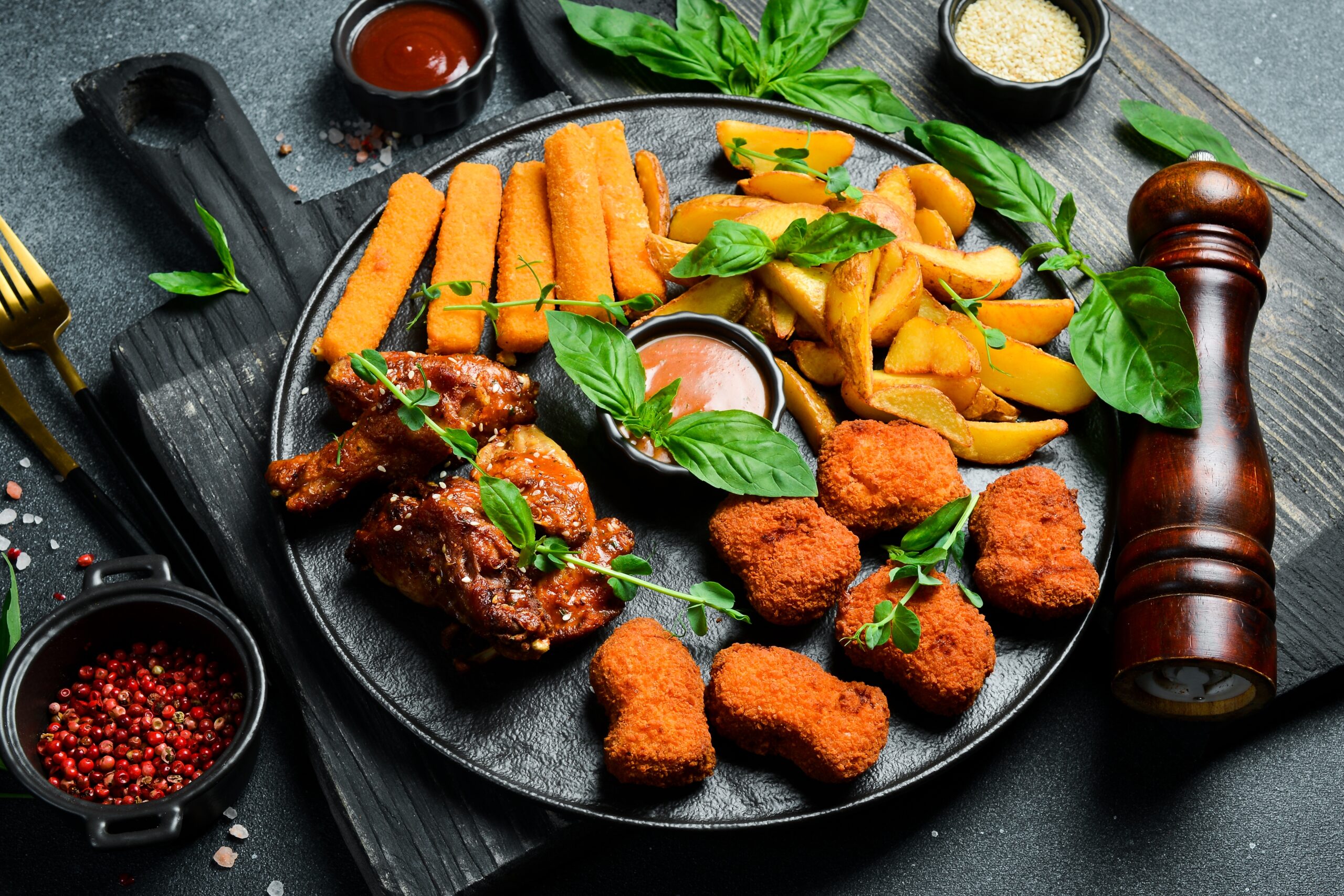 Alitas de pollo, nuggets, pop corn chiken